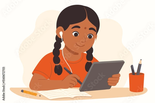 Fototapeta Young Indian student girl using a digital tablet for e-learning and online classes. Concept for remote education, homeschooling, technology. Cute kid doing homework with stylus. Vector.