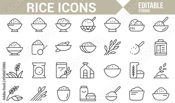 Fototapeta Icons for rice dishes, rice farming, and cooking, representing various stages of rice use.
