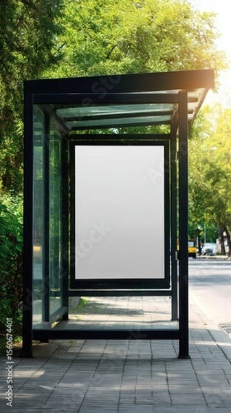 Fototapeta Stunning photo of modern bus stop shelter with blank advertising billboard in urban setting. Black metal frame, glass panels, green trees. Sunny day. Public transportation.