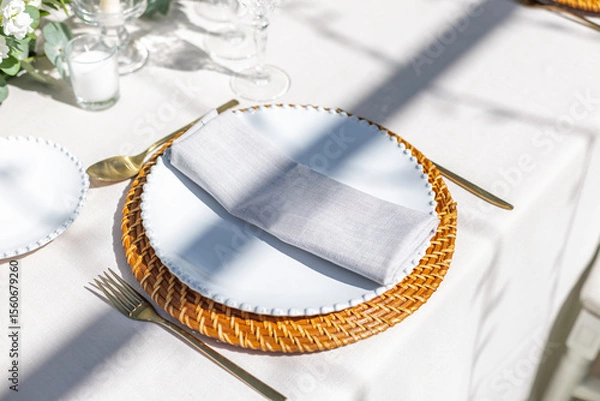 Fototapeta Elegant Wedding Table Setting With Wicker Plate Charger and Personalized Decoration