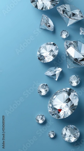 Obraz Sparkling diamonds of various sizes are scattered across a serene light blue background, creating an elegant and luxurious visual display for jewelry promotions.