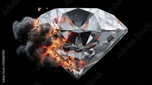 Obraz A brilliant diamond shatte with explosive force amidst black smoke, highlighting its fragility and the fleeting nature of value against a stark black backdrop.