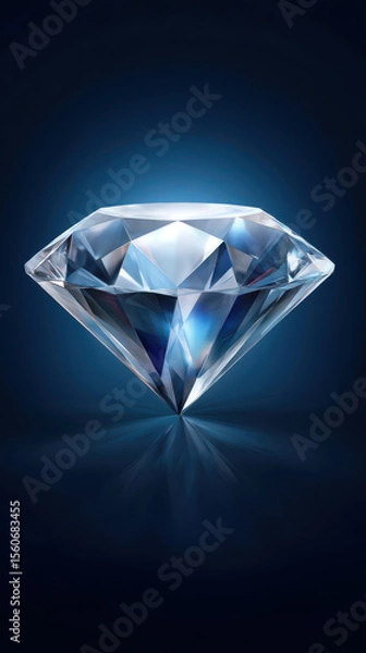 Obraz A brilliantly cut diamond with facets catching light and creating an intense sparkle is displayed against a dark blue background, emphasizing its clarity and value.