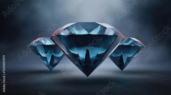 Obraz Three exquisitely faceted diamonds sparkle brilliantly against a moody, dark backdrop, showcasing their clarity, cut, and radiant deep blue color in the soft light.