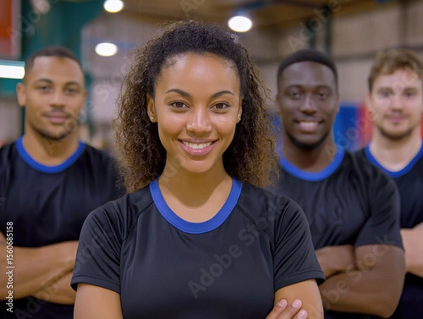 Fototapeta Group of diverse athletes, smiling confidently in matching black sportswear, showcasing teamwork and camaraderie in a vibrant indoor sports facility with a dynamic atmosphere