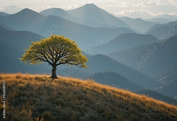 Obraz Tree on a Golden Hillside Against Mountain Background