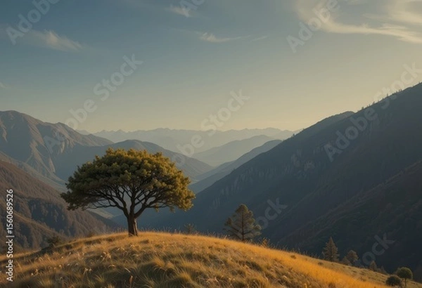 Obraz Tree on a Golden Hillside Against Mountain Background