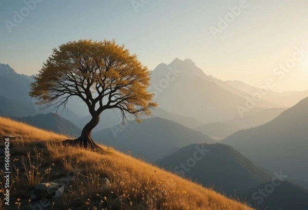 Obraz Tree on a Golden Hillside Against Mountain Background
