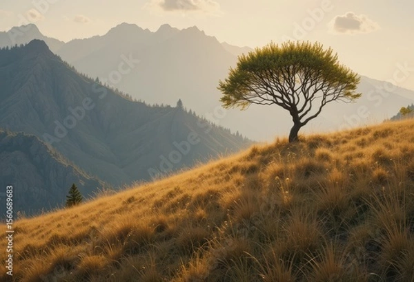 Obraz Tree on a Golden Hillside Against Mountain Background