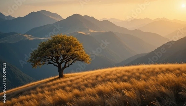 Obraz Tree on a Golden Hillside Against Mountain Background
