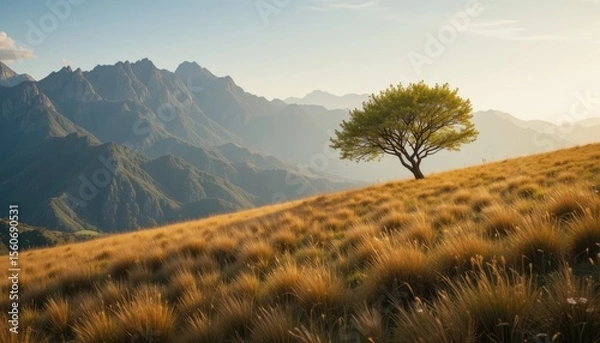 Obraz Tree on a Golden Hillside Against Mountain Background