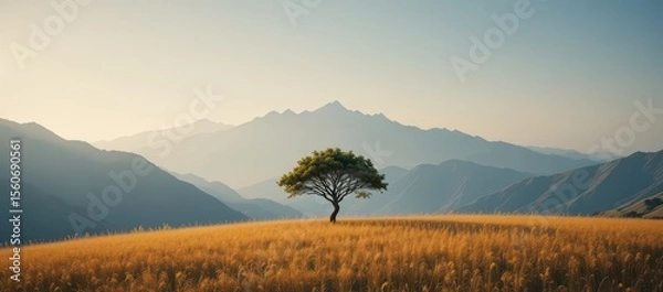 Obraz Tree on a Golden Hillside Against Mountain Background