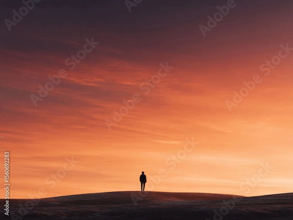 Fototapeta Solitary figure against a vibrant, fiery sunset. Evokes feelings of contemplation, journey, and the human spirit. Ideal for inspirational or conceptual projects.