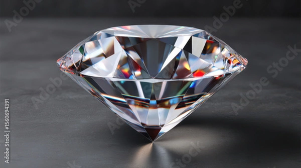 Obraz A perfectly cut diamond reflects light and color on a dark surface, showcasing its brilliance and clarity, ideal for luxury and high value concepts.