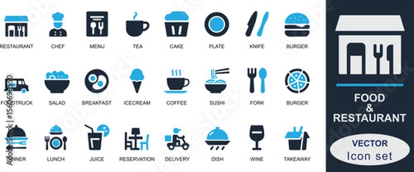 Fototapeta Flat vector solid food and restaurant icon set. Featuring chef, dish, menu, delivery, dessert, drink, and utensils. Ideal for UI, apps, infographics, and kitchen projects.
