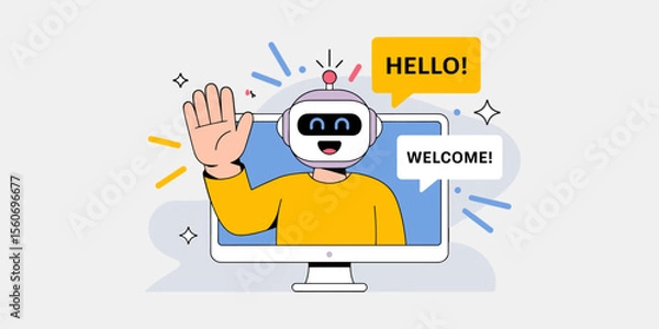 Fototapeta chatbot assistant waving welcome from computer screen, vector illustration for user onboarding, ai customer support and virtual greeting