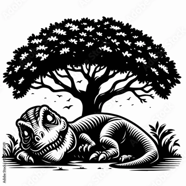 Obraz Tyrannosaurus Rex Sleeping Peacefully Under a Prehistoric Tree