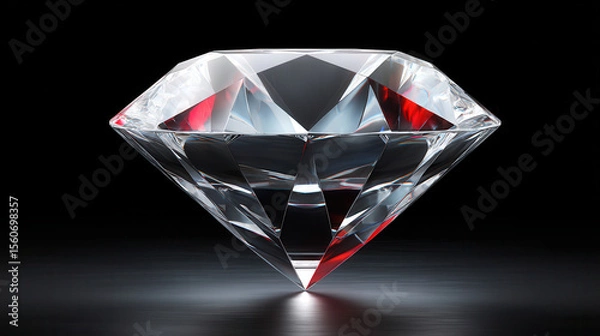 Obraz A brilliantly cut diamond sparkles with internal fire, reflecting red and white light on a sleek dark surface, showcasing its clarity and exquisite facets.