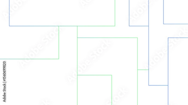 Fototapeta Minimalist abstract background with a white base, with a geometric pattern composed of thin, multi-sized rectangles with soft green and blue lines. Organized, and digital, with a technical