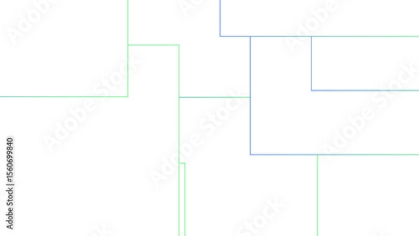Fototapeta Minimalist abstract background with a white base, with a geometric pattern composed of thin, multi-sized rectangles with soft green and blue lines. Organized, and digital, with a technical