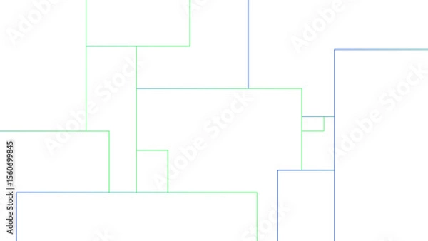 Fototapeta Minimalist abstract background with a white base, with a geometric pattern composed of thin, multi-sized rectangles with soft green and blue lines. Organized, and digital, with a technical