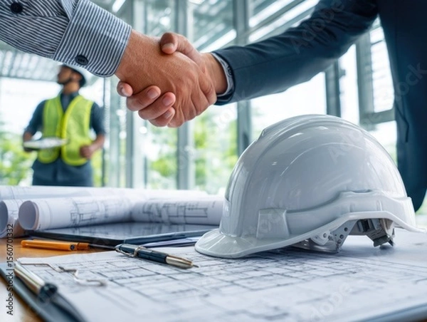Fototapeta Business handshake with construction blueprint and helmet