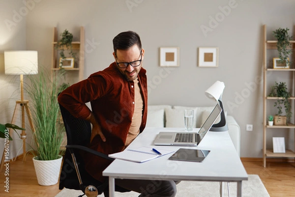 Obraz Man at desk holding back, showing discomfort