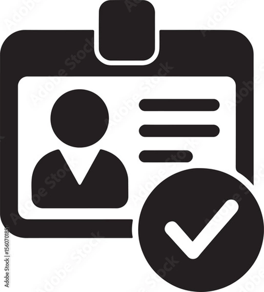 Fototapeta Silhouette icon of employee ID badge with checkmark symbol, representing onboarding support and approval.