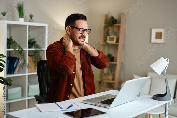 Obraz Man experiencing neck pain while working at desk