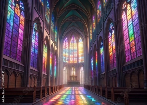 Fototapeta Colorful rainbow light streams through the stained glass windows of a grand cathedral, illuminating the interior and creating a sacred and spiritual atmosphere