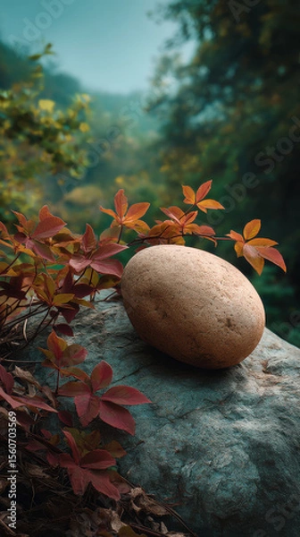 Obraz A smooth oval stone rests on a weathered rock amidst autumn foliage in a serene forest setting, evoking feelings of nature, peace, and mindful contemplation.