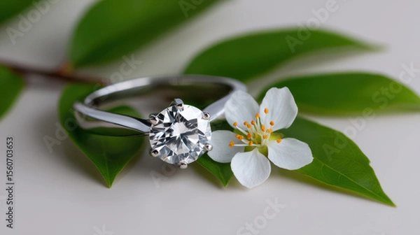 Obraz A sparkling diamond engagement rests on lush green leaves alongside a delicate white flower, creating an elegant and romantic symbol of love and commitment.