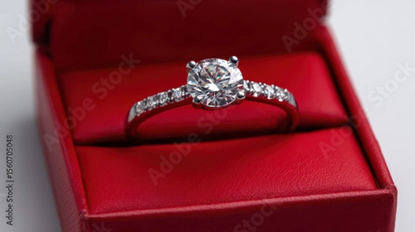 Obraz A sparkling diamond engagement with a brilliant cut rests elegantly inside a luxurious red velvet box, ready to symbolize a lifelong commitment of love.