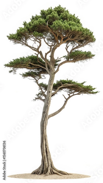 Obraz Majestic Cypress Tree, Isolated on White, Serene and Timeless, Lush Green Foliage, Textured Bark, Natural Elegance.