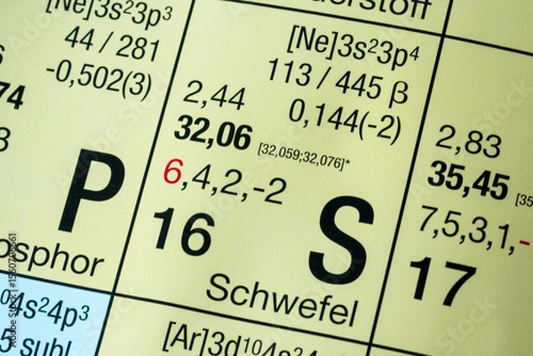 Fototapeta Sulfur German periodic table of elements macro close-up chemical physical description