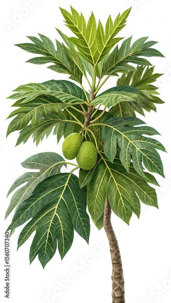 Obraz Lush Botanical Illustration: Vibrant Breadfruit Tree with Two Green Fruits, Isolated on White Background