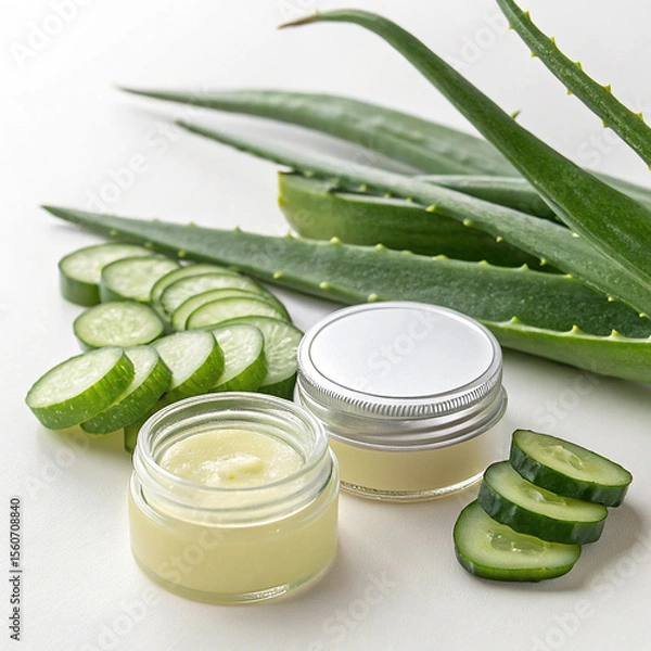 Obraz Soothing Aloe Vera and Cucumber Cream Jars: Natural Skincare Product Photography