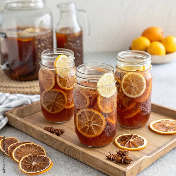Obraz Refreshing Spiced Kombucha in Mason Jars with Dried Citrus Slices