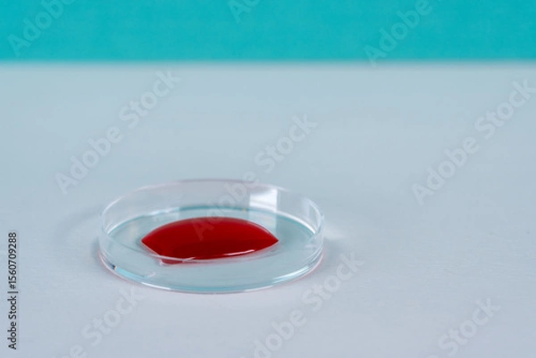 Obraz Red color blood sample in petri dish in pathology science laboratory on white surface with blue background