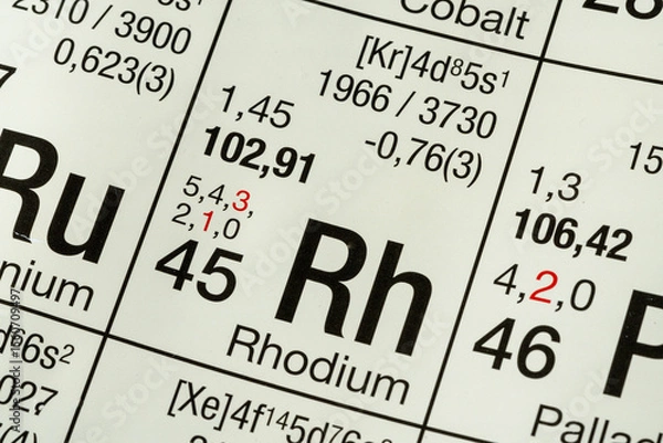 Obraz Rhodium German periodic table of elements macro close-up chemical physical description