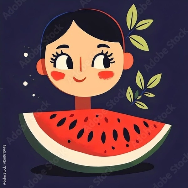Fototapeta Playful Cartoon Illustration of a Cheerful Girl with Watermelon and Colorful Fruits in a Whimsical Summer Design