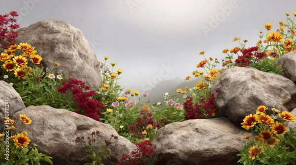 Obraz A scenic landscape displays vibrant wildflowers blooming amongst large rocks, creating a beautiful and serene natural background under a soft, misty sky location.