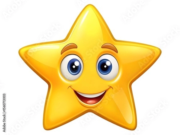 Fototapeta A cheerful cartoon star character with a happy smiling face is isolated on white background, radiating joy and positivity