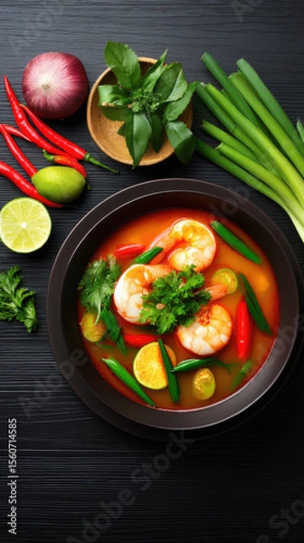 Obraz A bowl of flavorful Tom Yum soup is presented with fresh shrimp, vibrant green onions, lime, chilis, and herbs on a dark, textured wooden background surface.