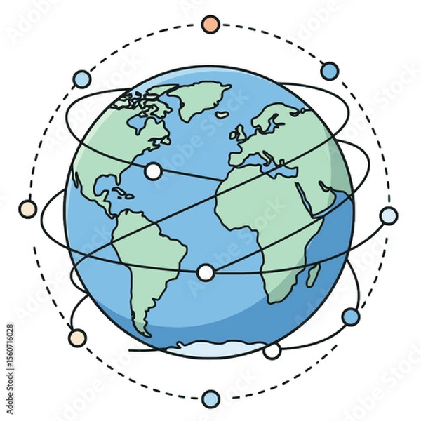 Fototapeta Cartoon globe surrounded by dotted and solid lines connecting circles of orange blue and white