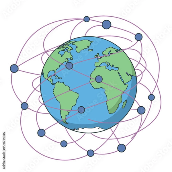 Fototapeta A world globe with purple connected nodes depicting a network around the earth