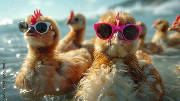 Fototapeta A chicken wearing sunglasses swims in the sea at sunset, surrounded by other chickens, funny surreal scene