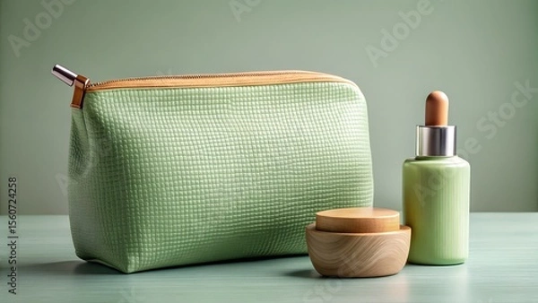 Obraz A green cosmetic bag with skincare bottles on a table