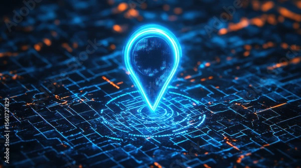 Obraz Glowing blue map location icon on futuristic digital background ideal for GPS apps location tracking technology ads and innovation blogs