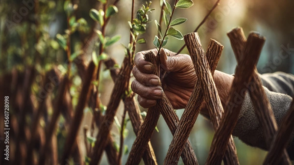 Fototapeta A close-up of a weathered hand holding a branch against a rustic wooden fence. The scene reflects off-grid living and sustainable gardening practices.